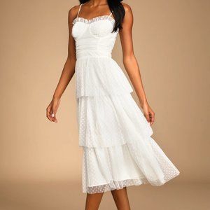 Sweetheart Style White Polka Dot Bustier Tiered Midi Dress